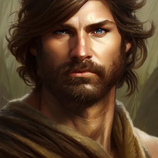 Image similar to Portrait of rugged male ranger, D&D, amber eyes, face, long hair, muscular, fantasy, intricate, elegant, highly detailed, digital painting, artstation, concept art, smooth, sharp focus, illustration, art by artgerm and greg rutkowski and alphonse mucha