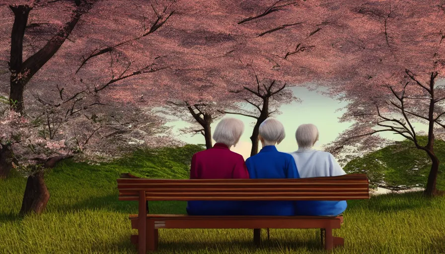 Prompt: back view of an old japanese couple watching sunset while sitting on the bench, cherry blossoms, lake, forest, village, hayao miyazaki, hyperdetailed, artstation, cgsociety, 8 k
