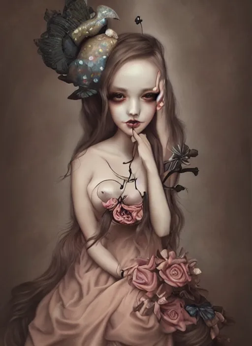 Prompt: pop surrealism, lowbrow art, realistic cute seductive feminine girl painting, romantic gown, hyper realism, muted colours, rococo, natalie shau, loreta lux, tom bagshaw, mark ryden, trevor brown style,