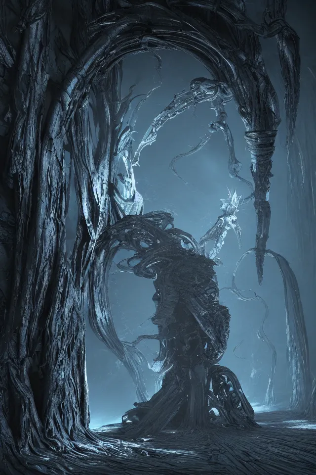 Image similar to Through A Dark Evil Glowing Portal Yasushi Nirasawa Moebius HR Giger Style, 8K, octane render, HDR, volumetric lighting