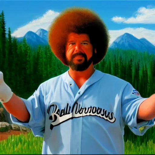 Image similar to a closeup photorealistic photograph of bob ross painting kenny powers dressed in baseball uniform onto a canvas. mountains and trees. film still. brightly lit scene. this 4 k hd image is trending on artstation, featured on behance, well - rendered, extra crisp, features intricate detail, epic composition and the style of unreal engine.