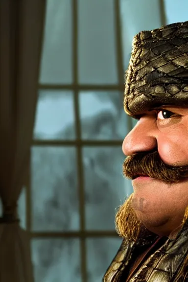 Image similar to very very intricate photorealistic photo of wario wearing his hat in an episode of game of thrones, photo is in focus with detailed atmospheric lighting, award - winning details