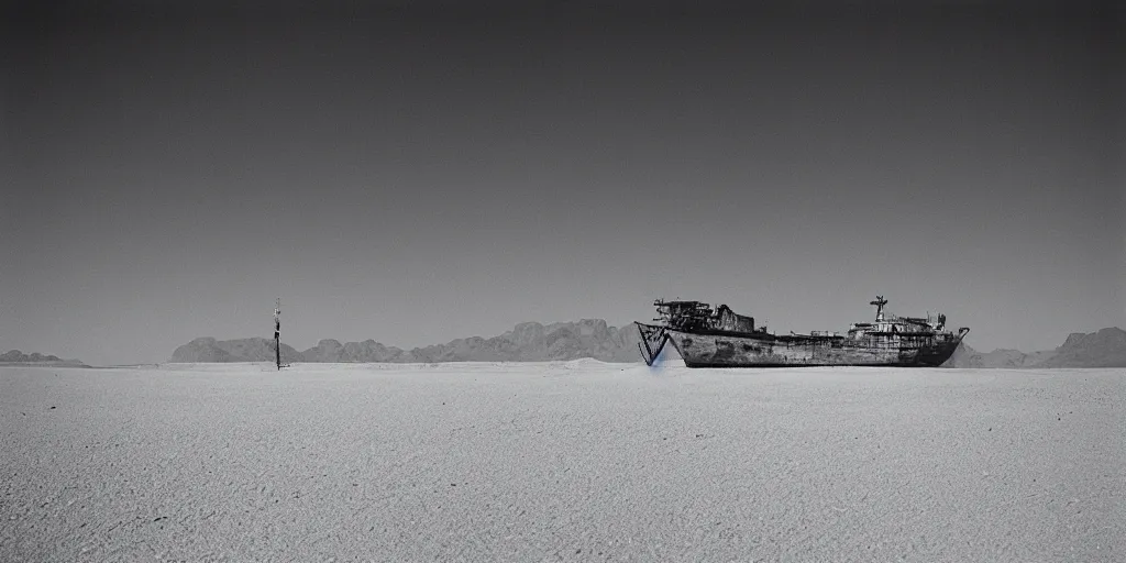 Prompt: a ship in the middle of the desert, photo by Michael Kenna,