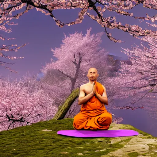 Image similar to a monk practicing yoga in front of a tibetean monastery on top of a mountain, under a cherry blossom tree, steampunk, detailed digital art