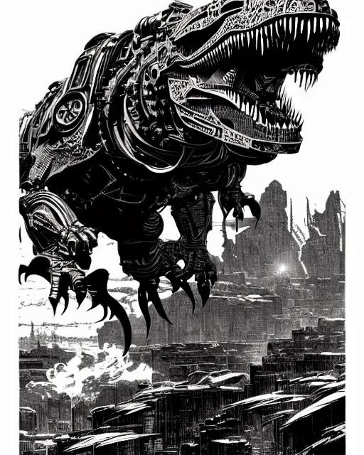 Image similar to a majestic steampunk cyborg t - rex, high details, bold line art, by vincent di fate and joe fenton, inking, etching, screen print, masterpiece, trending on artstation, sharp, high contrast, hyper - detailed,, hd, 4 k, 8 k