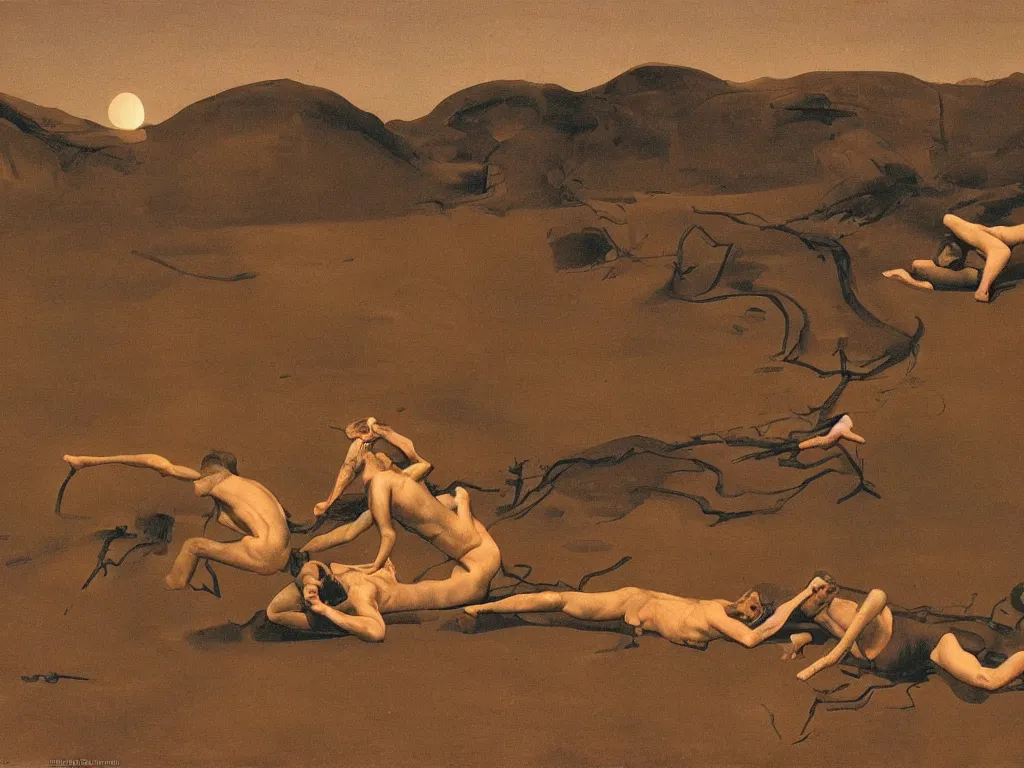 Image similar to Men wrestling in the mud, sculpted by Henri Moore. Moon light alien desert landscape. Painting by Georges de la Tour, Balthus, Roger Dean
