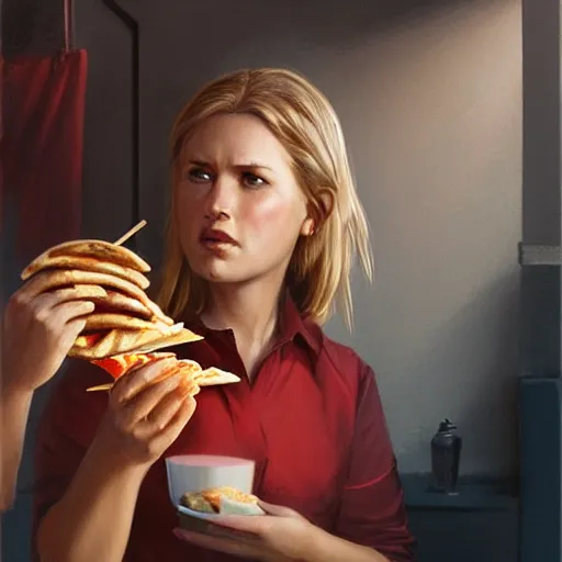 Image similar to portrait of a blonde chubby woman eating kebab, light stubble with red shirt ,digital art,photorealistoc,art by greg rutkowski,hyperdetailed,western comic style,comic,comic style,sharp lineart,professional lighting,deviantart,artstation,trevor henderson,rossdtaws,cinematic,dramatic