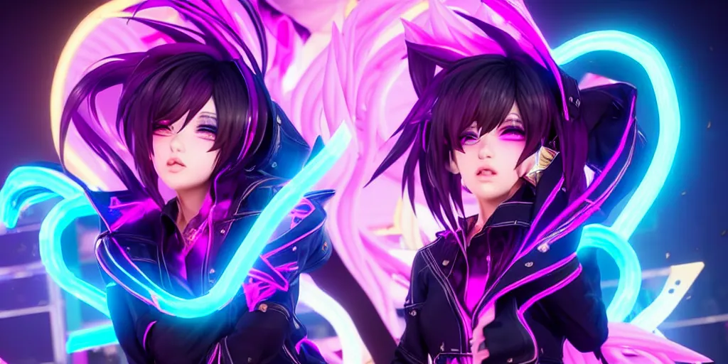 Image similar to KDA Ahri with her eyes closed singing facing the camera centered with headphones on in the style of a code vein character, momo from twice in code vein in the style of WLOP, artgerm, yasutomo oka, rendered in unreal engine and redshift octane , background is surrounded by epic neon glitch effect digital art dynamic dramatic lighting, soft lighting, imagine fx, artstation, cgsociety, by Bandai Namco artist,