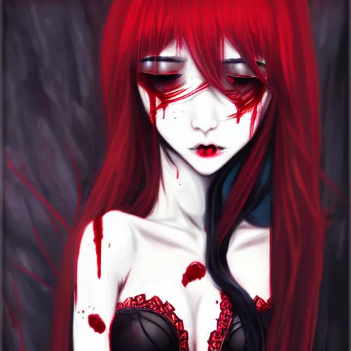 Prompt: beautiful seductive female vampire, draining blood from wrist, highly detailed, painting, dark red and black color palette, intricate, high quality, anime artstyle, in the style of sana takeda