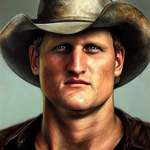 Image similar to portrait painting [ woody harrelson ] from zombieland with a cowboy hat and bloody golf club, ultra realistic, concept art, intricate details, eerie, highly detailed, photorealistic, octane render, 8 k, unreal engine. art by artgerm and greg rutkowski and alphonse mucha