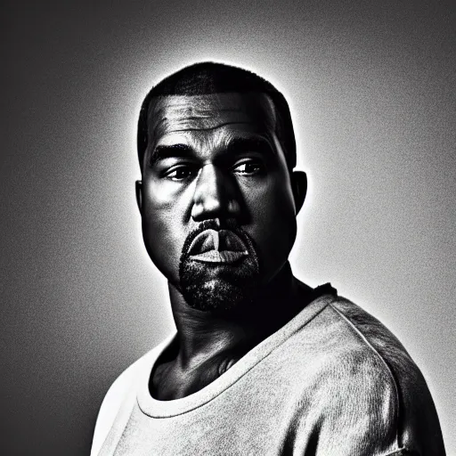 Image similar to the face of older kanye west wearing yeezy clothing at 5 0 years old, portrait by julia cameron, chiaroscuro lighting, shallow depth of field, 8 0 mm, f 1. 8