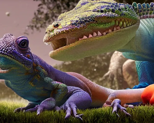 Prompt: of a very beautiful scene. ambient occlusion render. a sweet fat old woman is giving birth to a huge colorful lizard. hyper realistic. 4 k. wide angle. wild. symmetrical face, red mouth, blue eyes. deep focus, lovely scene. ambient occlusion render. concept art. unreal engine.