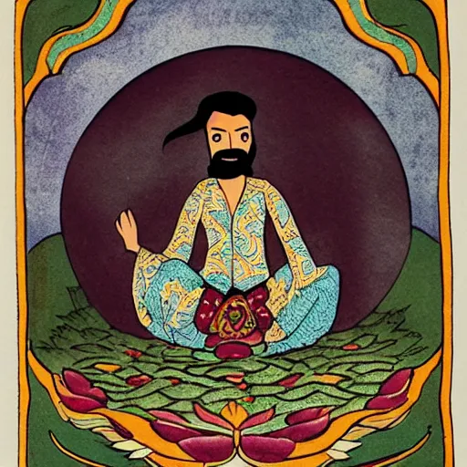 Prompt: mustachioed mexican vaquero sitting lotus position, persian folktale artstyle