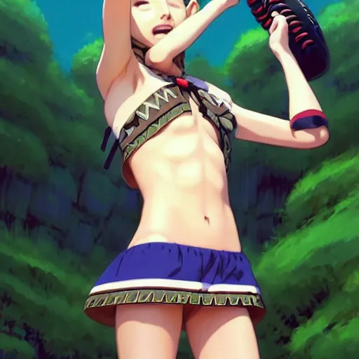 Image similar to beautiful boyish natalie portman alluring gravure model in majora's mask, wearing wooden mask and baseball cap and leotard, street wear with subtle mayan patterns, aztec bathing suit, gapmoe yandere grimdark, trending on pixiv fanbox, painted by greg rutkowski makoto shinkai takashi takeuchi studio ghibli, akihiko yoshida