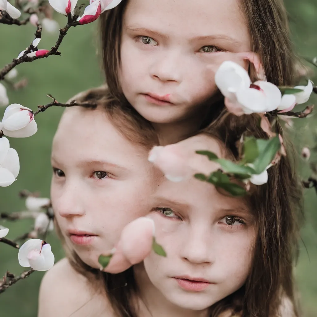 Image similar to a girl portrait with a magnolia near the face, 8 5 mm lens, bokeh