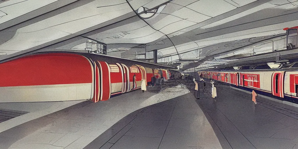 Prompt: soviet ussr retrofuturistic train station by syd mead, ralph mcquarrie, washed colours