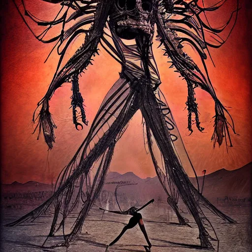 Image similar to burning man ballerina, digital art, post apocalyptic, fantasy, by h. r. giger
