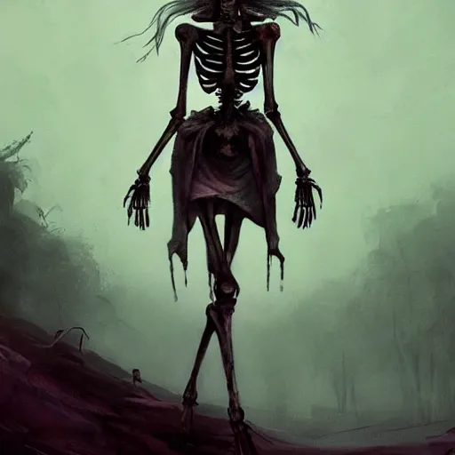 Prompt: skeleton girl, horror, grunge, loony toons style, cartoon illustrated by Greg Rutkowski and Caspar David Friedrich., Trending on artstation, artstationHD, artstationHQ, 4k, 8k