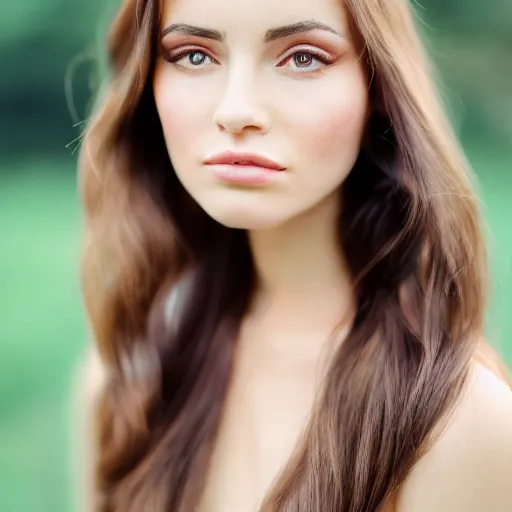 Image similar to professional outdoor portrait of a very beautiful young woman with gorgeous eyes, high cheek bones, flowing hair, medium format, 8 5 mm f 0. 9, fuji 4 0 0 h