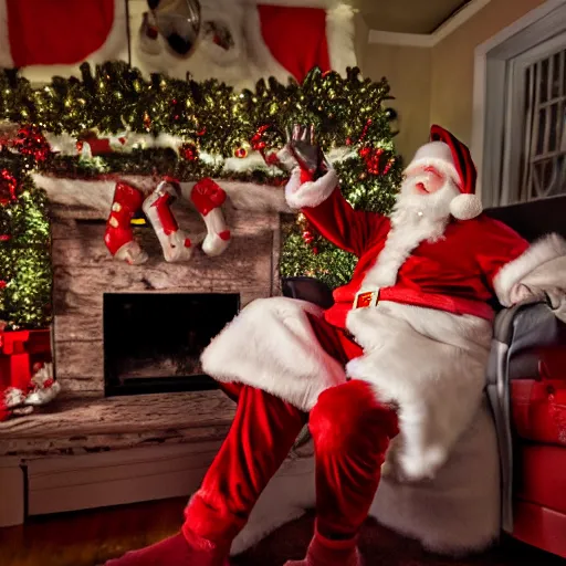 Prompt: A demented evil looking Santa Claus grinning at the camera, emerging upside down from the fireplace on Christmas night, house cam footage, fisheye lens, dark, night cam, hyperrealistic