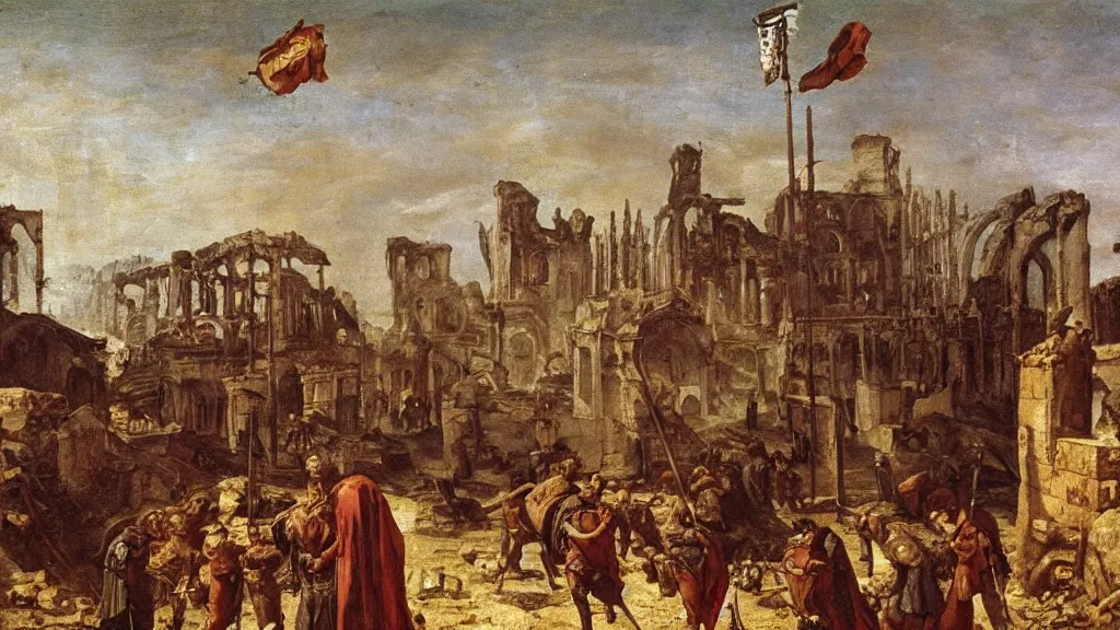 Prompt: roman imperial standard in front of burning roman buildings and rubble and gothic raiders,early medieval, oil painting, cinematic, late antiquity, roman