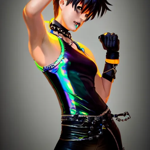 Image similar to full body digital artwork of tracer overwatch, wearing black iridescent rainbow latex tank top, 4 k, expressive happy smug expression, makeup, in style of mark arian, wearing detailed black leather collar, chains, black leather harness, leather cuffs around wrists, detailed face and eyes,