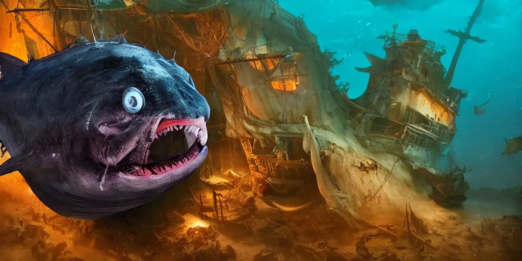 Prompt: a giant anglerfish about to swallow a pirate ship in the ocean, award winning photograph, dramatic lighting, 8k UHD