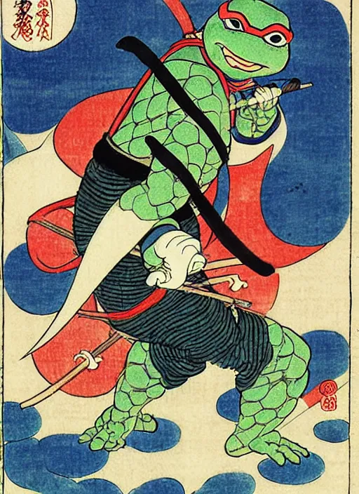 Image similar to a ninja turtle as a yokai illustrated by kawanabe kyosai and toriyama sekien