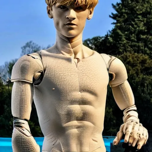 Image similar to a realistic detailed photo of a guy who is an attractive humanoid who is half robot and half humanoid, who is a male android, soccer player martin ødegaard, shiny skin, posing like a statue, blank stare, by the pool, on display, showing off his muscles, humanoid robot, frozen ice statue