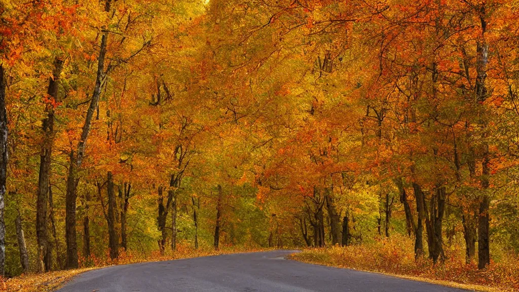 Prompt: a realistic photograph of a country road lined on both sides by maple and poplar trees, in the autumn,! red orange and yellow leaves, some leaves have fallen and are under the trees and on the!!!! road