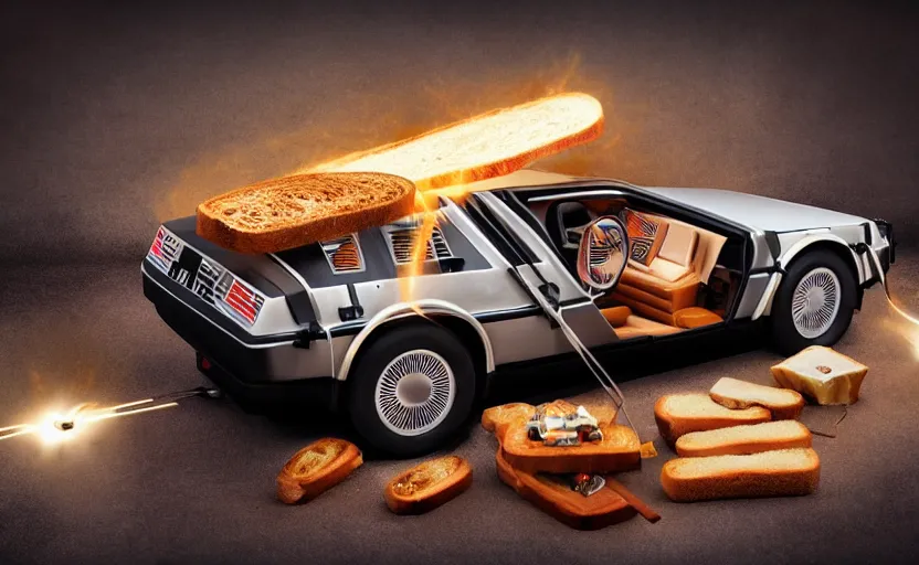 Image similar to a time-traveling delorean styled toaster with toast, bread inserted into slot, glowing heating coils, stainless steel, professional product shot, magazine ad