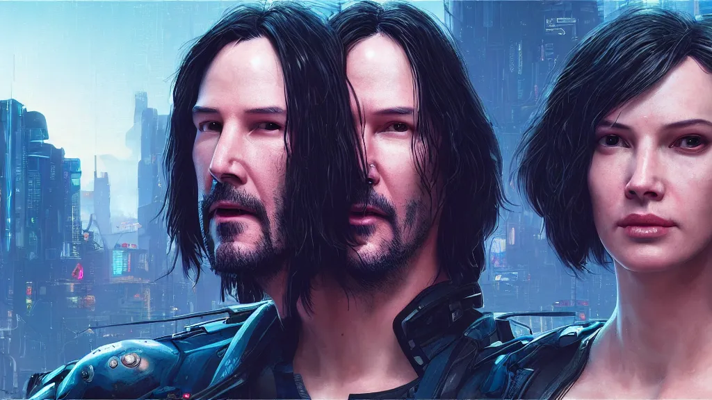 Image similar to a cyberpunk 2077 srcreenshot couple portrait of Keanu Reeves&female android in kiss,love story,film lighting,by Laurie Greasley,Lawrence Alma-Tadema,Dan Mumford,John Wick,Speed,Replicas,artstation,deviantart,FAN ART,full of color,Digital painting,face enhance,highly detailed,8K,octane,golden ratio,cinematic lighting