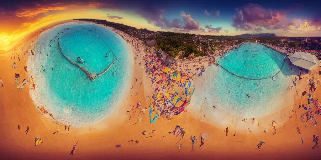 Image similar to 3 6 0 panorama hdr environment map of being on a beach party people music sand light sunset photograph very high detail focus octane render