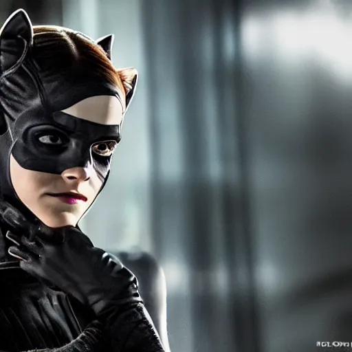 Image similar to Emma Watson as Catwoman, XF IQ4, f/1.4, ISO 200, 1/160s, UHD, Sense of Depth, AI enhanced, HDR, in-frame