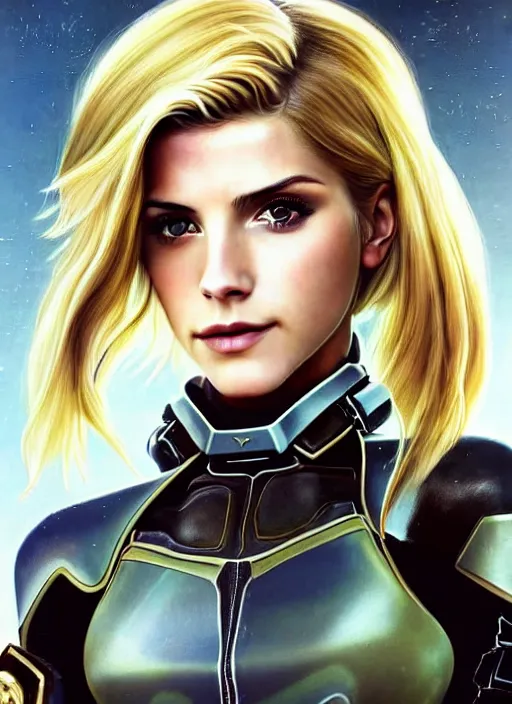 Image similar to portrait of a combination of Ashley Greene, Katheryn Winnick, Victoria Justice and Adriana Dxim, Grace Kelly, Emma Watson and Lily Collins with blonde hair wearing Samus' Armor from Metroid Prime, countryside, calm, fantasy character portrait, dynamic pose, above view, sunny day, thunder clouds in the sky, artwork by Jeremy Lipkin and Giuseppe Dangelico Pino and Michael Garmash and Rob Rey and Greg Manchess and Huang Guangjian, very coherent asymmetrical artwork, sharp edges, perfect face, simple form, 100mm