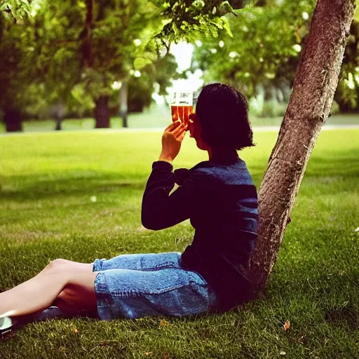 Prompt: “ girl drinking a beer under a tree, by evan cohen ”