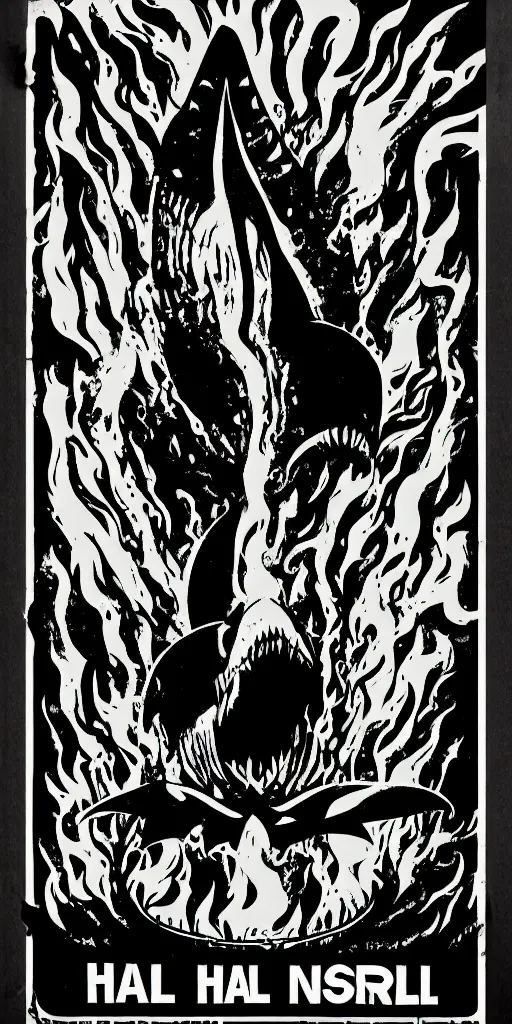 Image similar to propaganda poster for a shark rock star in hell, concert poster
