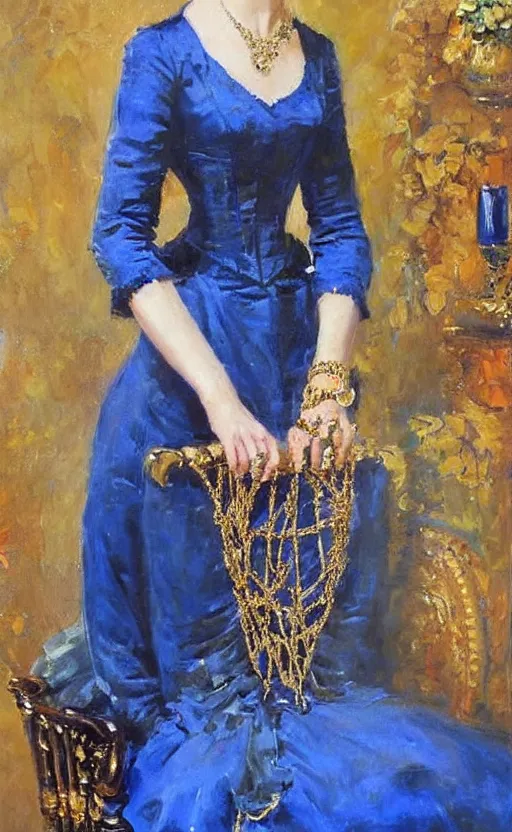 Image similar to Elegant laydy in blue victorian dress with gold ornaments. By Konstantin Razumov, highly detailded