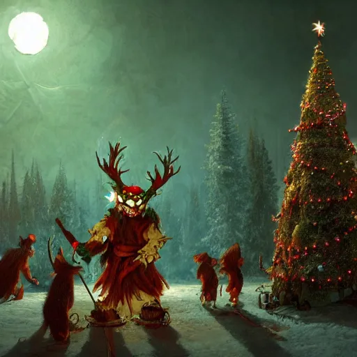 Image similar to a lonely christmas tree surrounded by krampus like monsters, nighttime, dark, surroundings are illuminated by the christmas tree, eerie, in the style of craig mullins