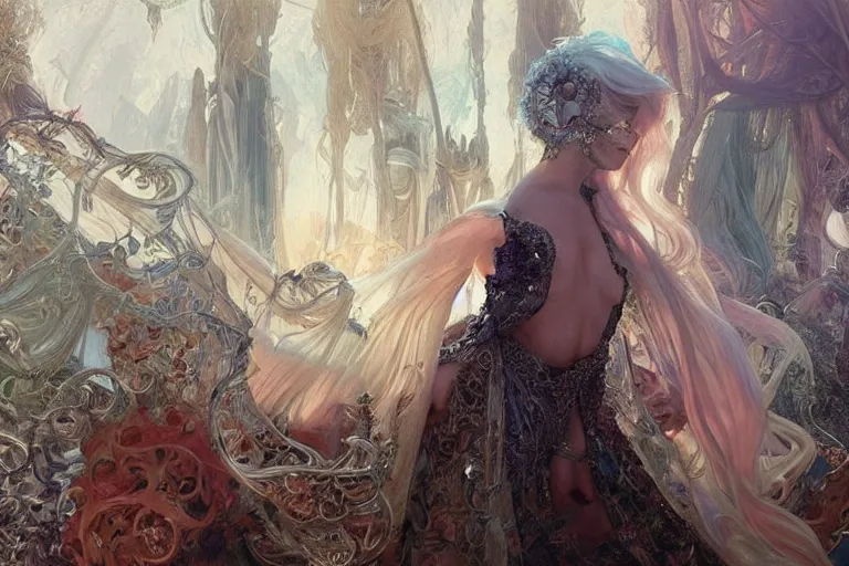 Image similar to music video screenshot of Lady gaga song chromatica, unreal, fantasy, intricate, elegant, dramatic, highly detailed, photorealistic, digital painting, painterly, artstation, concept art, smooth, sharp focus, art by John Collier and Krenz Cushart and Artem Demura and Alphonse Mucha and Albert Aublet