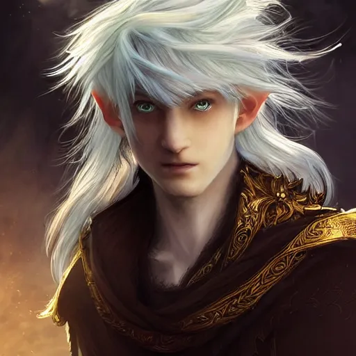 Prompt: a portrait of a handsome elven prince, white fringy hair, backlit, incredible lighting, strong rim light, subsurface scattering, realistic anime, by Heise Jinyao, Heise-Lian Yan Fang, Feimo, Richard Taddei, epic beautiful landscape, highly detailed, god rays, digital painting, HDRI, by marc simonetti, vivid colors, high contrast, 8k resolution, intricate, photorealistic