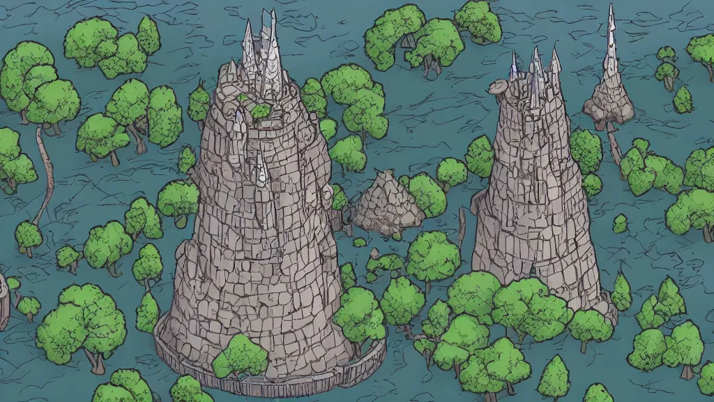 Image similar to aerial view of wizard tower surrounded by mountains, lineart, colored