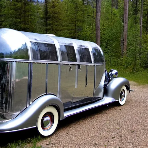 Prompt: photo of a 1 9 3 6 chrysler airstream parked at a lake