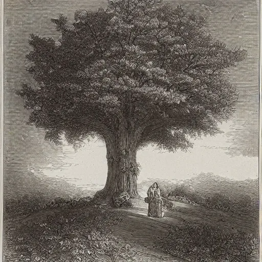 Image similar to roof piercing tree in a chapel, chanting monks, romanticism, by gustave dore, highly detailed