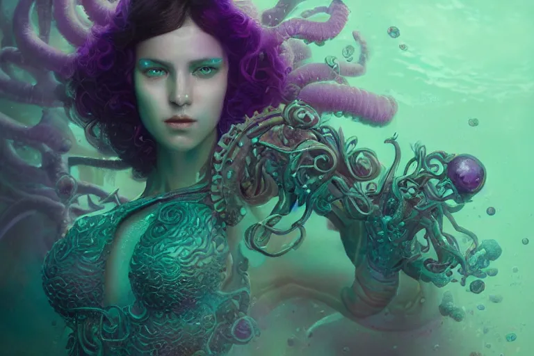 Prompt: tom bagshaw, ultra realist portrait waves miniatures underwater curiosities squids carnival, a single very beautiful enchantress in full underwater armor, symmetry accurate features, focus, very intricate ultrafine details, green purple aqua volumetric lights, award winning masterpiece, octane render 8 k hd