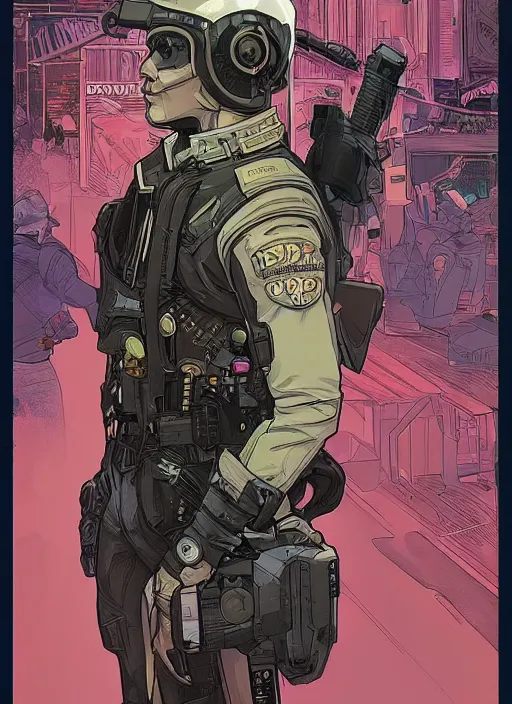 Image similar to cyberpunk mall cop. portrait by ashley wood and alphonse mucha and laurie greasley and josan gonzalez and james gurney. spliner cell, apex legends, rb 6 s, hl 2, d & d, cyberpunk 2 0 7 7. realistic face. vivid color. dystopian setting.