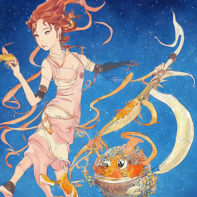 Image similar to young goddess, realistic proportions, beautiful face, in goldfish armor, wielding a fish sword, symmetrical, highly detailed painting in the style of studio ghibli