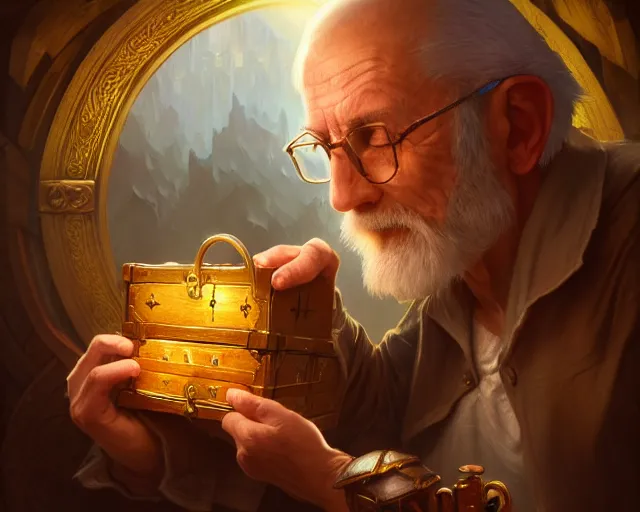 Image similar to photography of an old man picklocking a treasure chest, deep focus, d & d, fantasy, intricate, elegant, highly detailed, digital painting, artstation, concept art, matte, sharp focus, illustration, hearthstone, art by artgerm and greg rutkowski and alphonse mucha