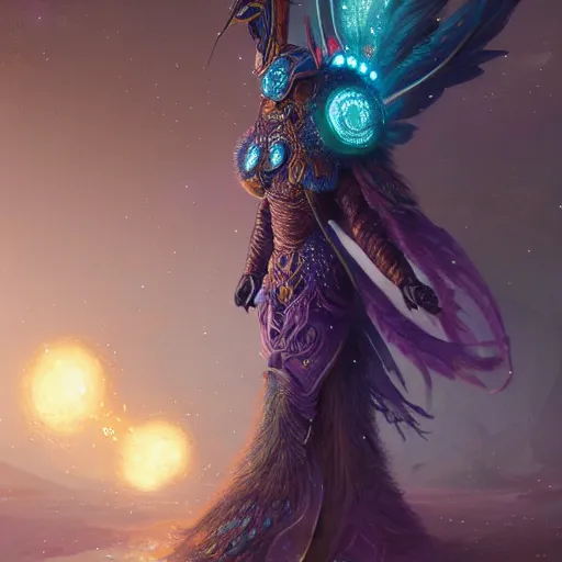 Prompt: anthropomorphized ((peacock)), galactic crusader, detailed armor, fantasy, intricate, elegant, digital painting, trending on artstation, concept art, sharp focus, illustration by Gaston Bussiere and greg rutkowski, beeple, 4k.