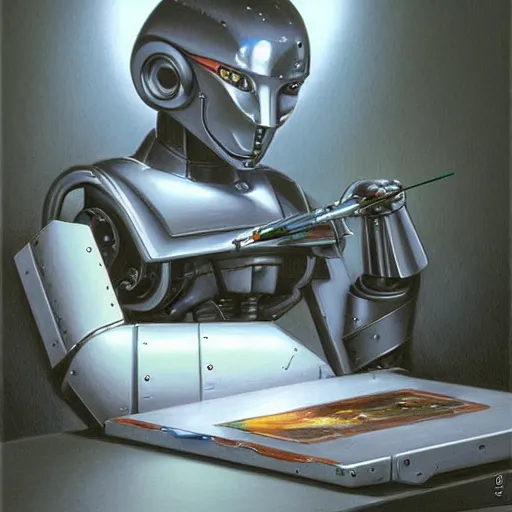 Image similar to robot artist artist painting a self portrait, by john howe